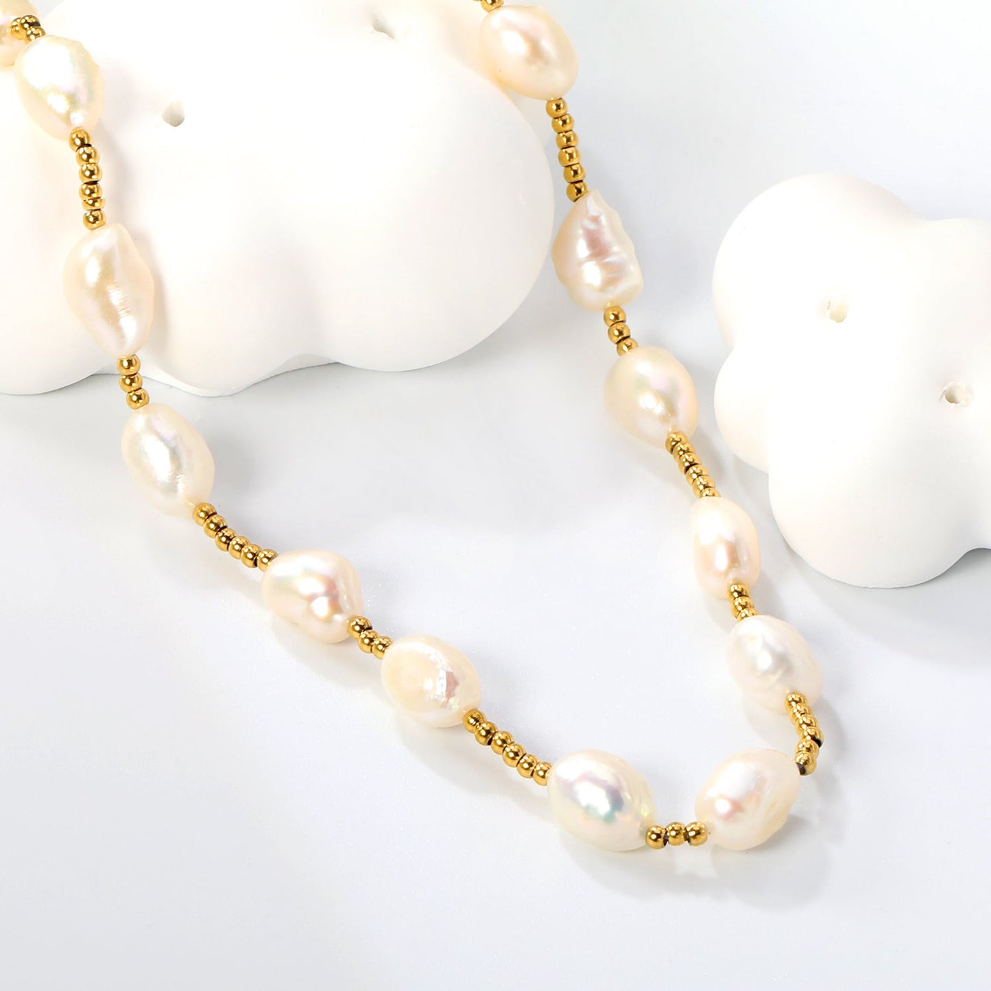 7*9mm freshwater pearl+2mm steel bead necklace 40+5cm+6mm round plaque Gold color asonjewelry