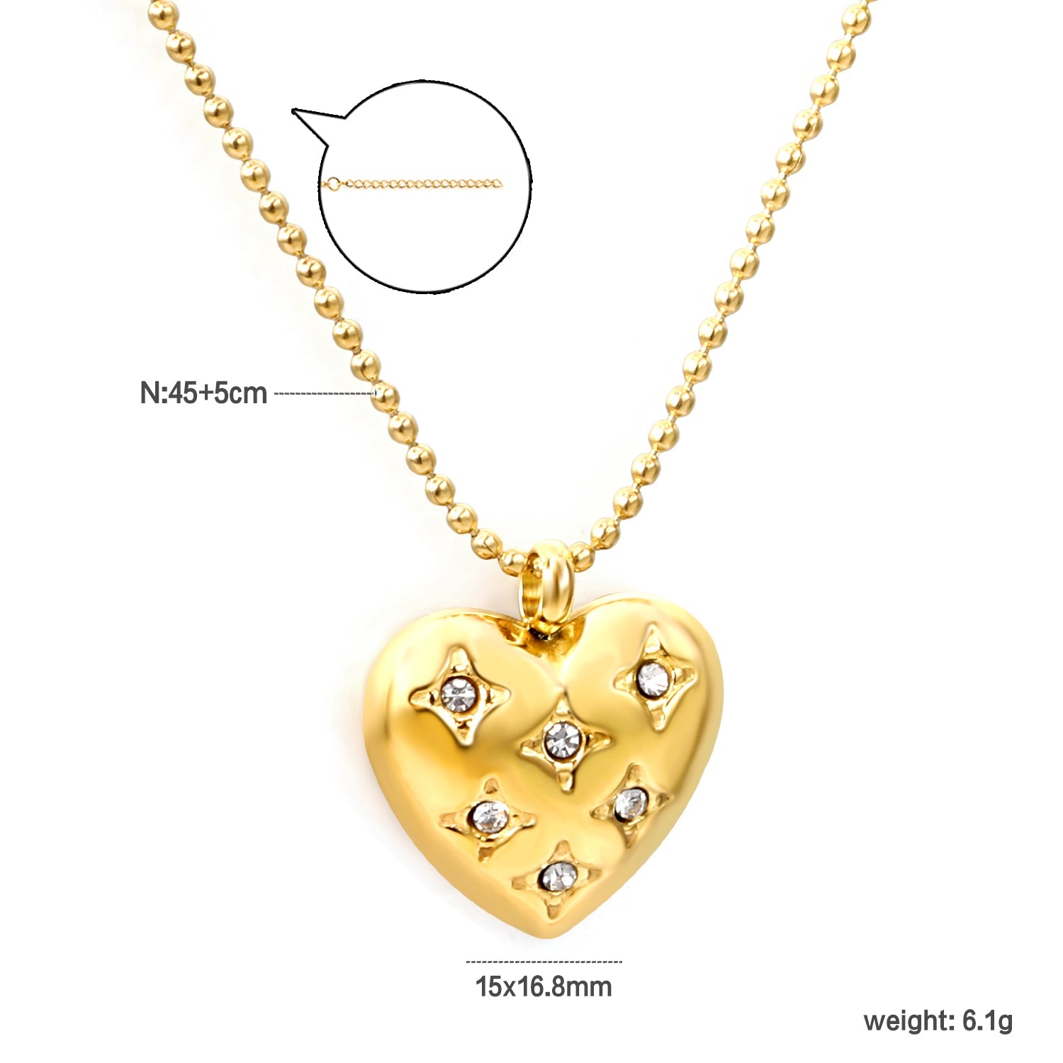 15*16.8mm heart with 6 white diamonds pendant+1.2mm bobble chain necklace 45+5cm asonjewelry