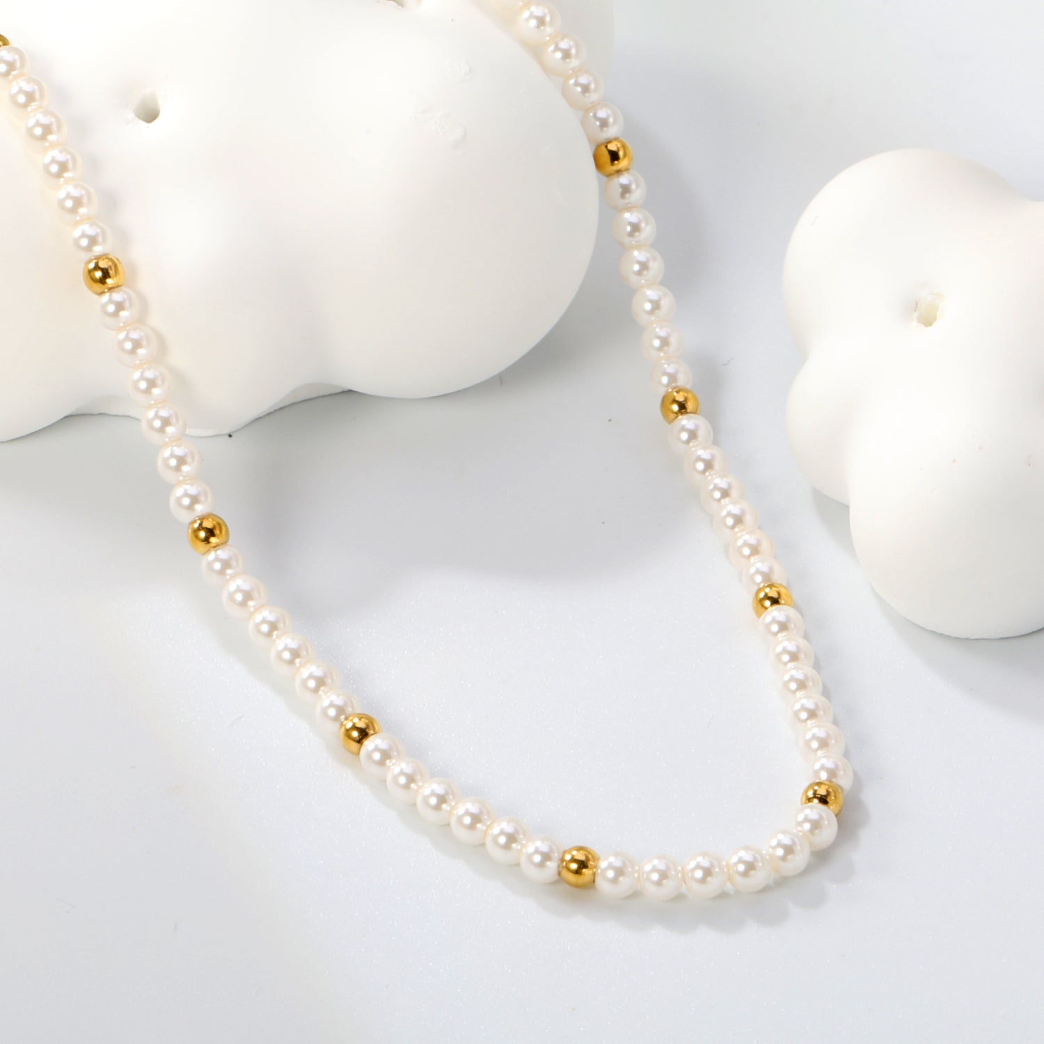 3.2mm white shell beads + 3mm small steel beads necklace 40+5cm+6mm round plaque gold color asonjewelry