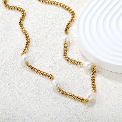 6*8mm 5 freshwater pearls 4mm side chain 40+5cm+6mm round pendant necklace, gold asonjewelry