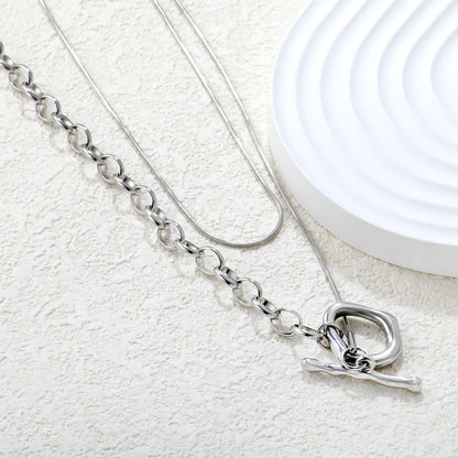 Sweater Chain 2.6 x 25mm Straight Teardrop + 16 x 18mm Oval Pendant 0.9 Round Snake + 6.0 Pearl 85cm Necklace Steel Color/Gold Color asonjewelry