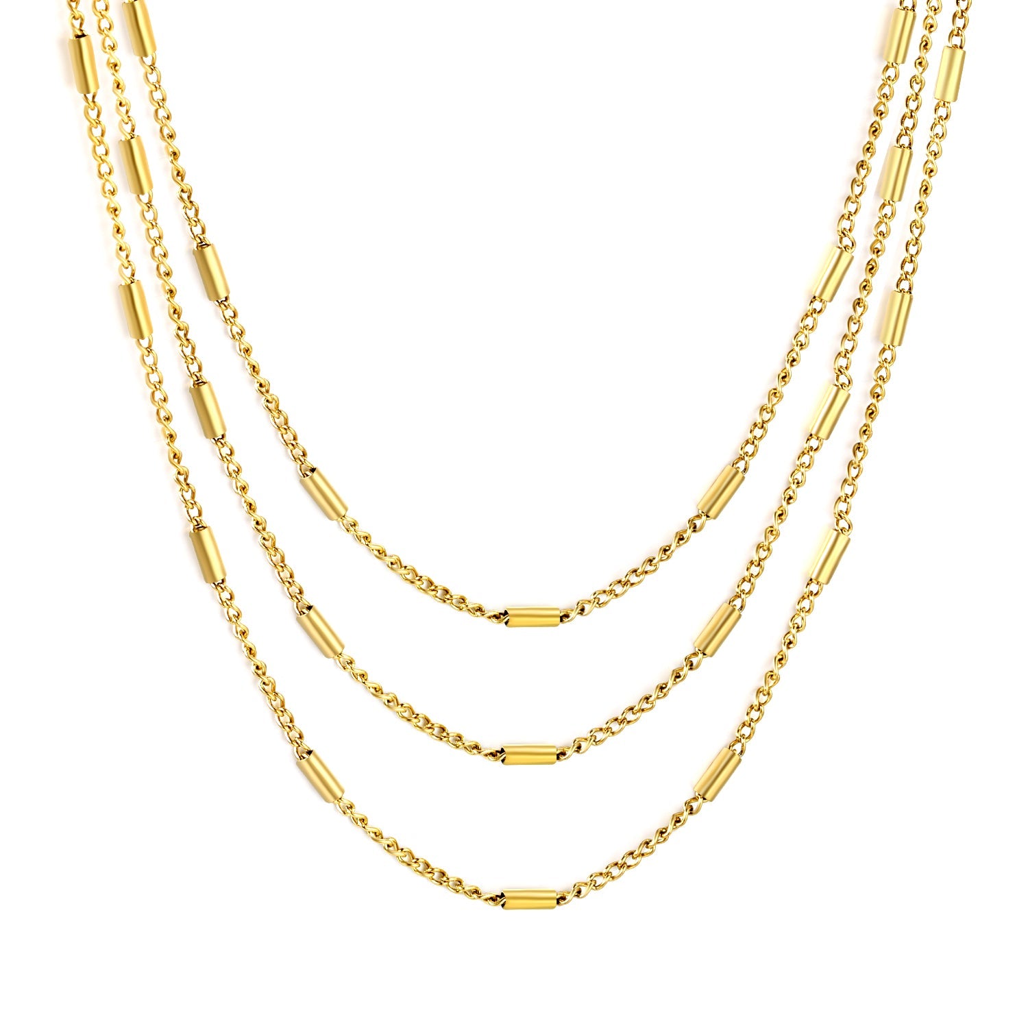 Sweater Chain W1.4*Wire0.4mm Side Wrap Tube Chain 50+60+70cm+5cm+6mm Round Tail Plaque Necklace Steel/Golden asonjewelry
