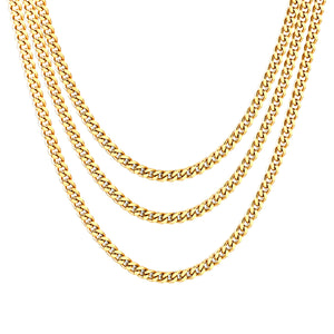 Sweater Chain, 2.7cm wide x 0.7mm wire, four-sided polished chain, 50+60+70cm + 5cm + 6mm round tag, necklace, steel color/gold color