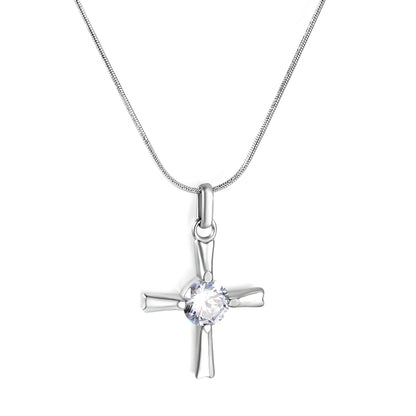 20.8*27.5mm Cross + White Zirconia 0.9 Round Snake 40+5cm Necklace Steel Color asonjewelry
