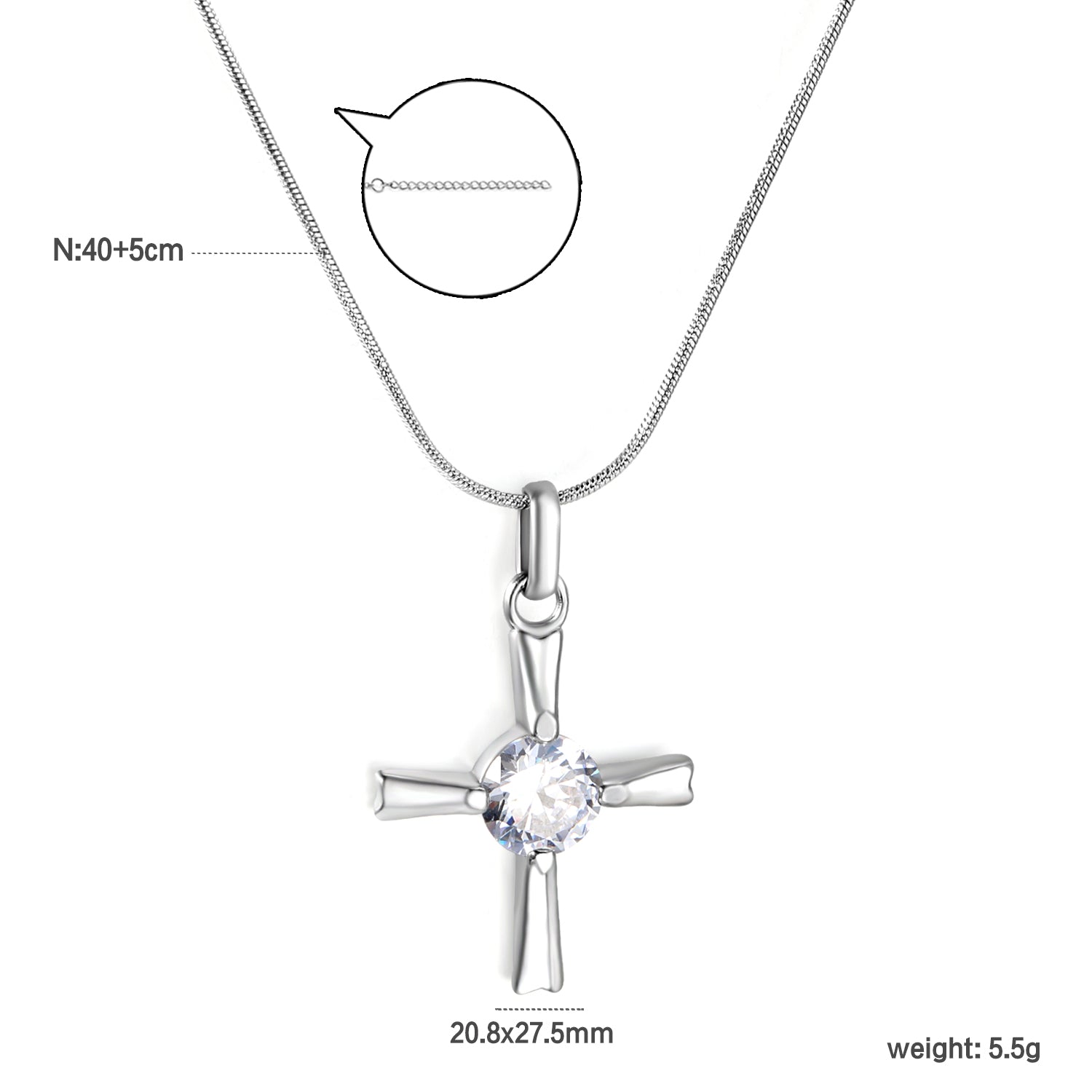 20.8*27.5mm Cross + White Zirconia 0.9 Round Snake 40+5cm Necklace Steel Color asonjewelry