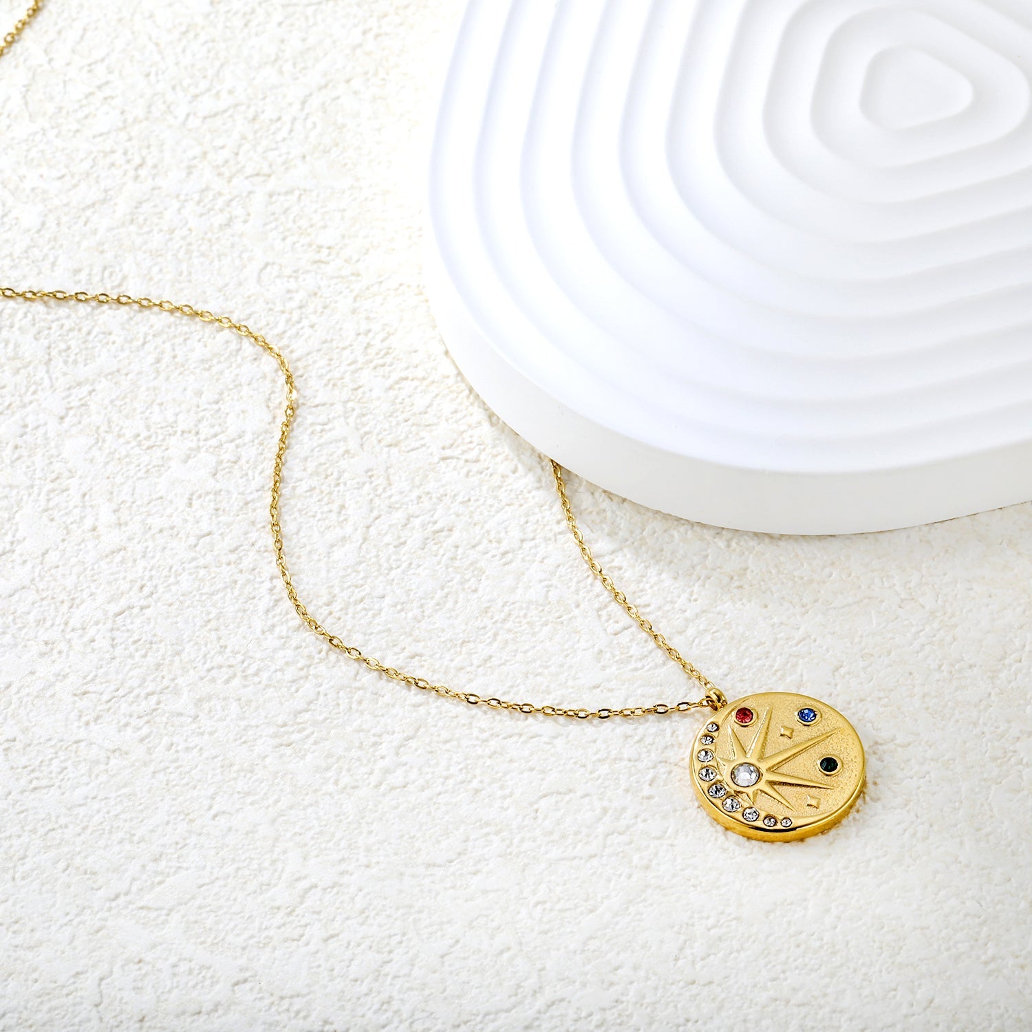 18mm eight-pointed star with colored diamonds 0.3 cross chain 40+5cm+6mm round pendant necklace, gold asonjewelry