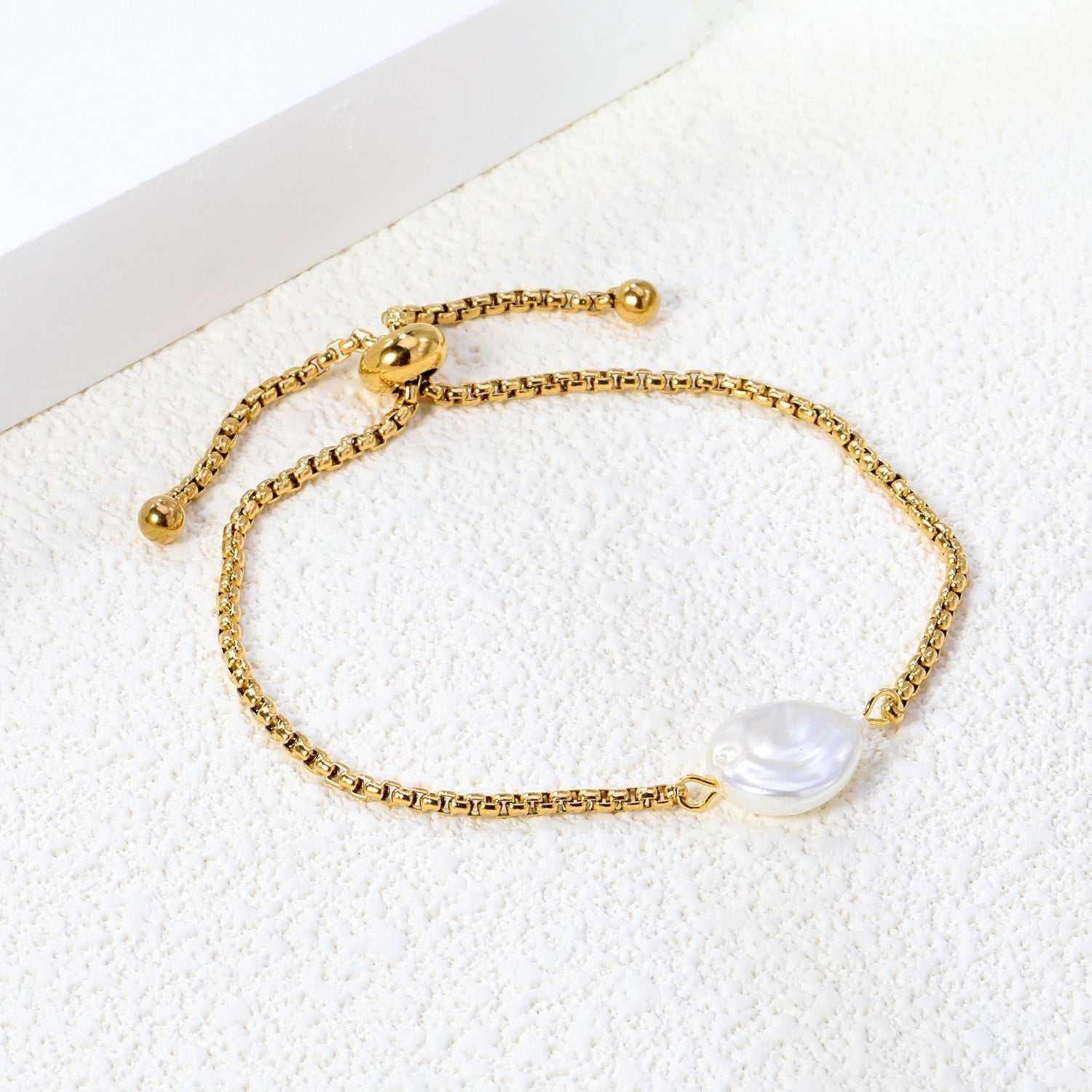 Golden 12mm Round Cake White Pearl Bracelet asonjewelry
