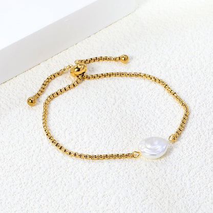Golden 12mm Round Cake White Pearl Bracelet asonjewelry