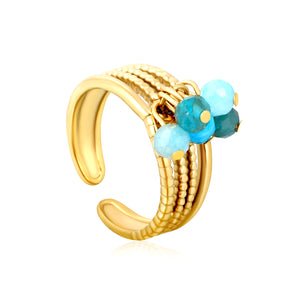 8mm high, 6 pieces of lapis lazuli (deep blue) / blue phosphorite / black lines / red / mixed color tassel accessories Open ring Gold Size 7#