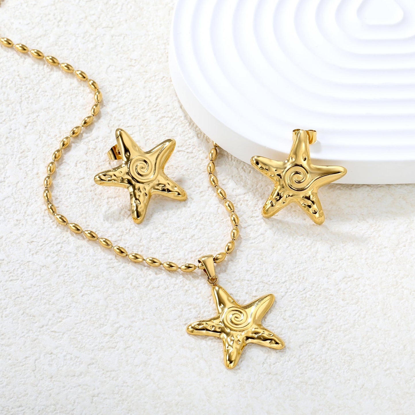 Screw Starfish Set Gold Earrings: 26x26.6mm Pendant: 26x26.6mm 2x4mm Olive Glass Bead Chain 40+5cm+6mm Round Pendant asonjewelry