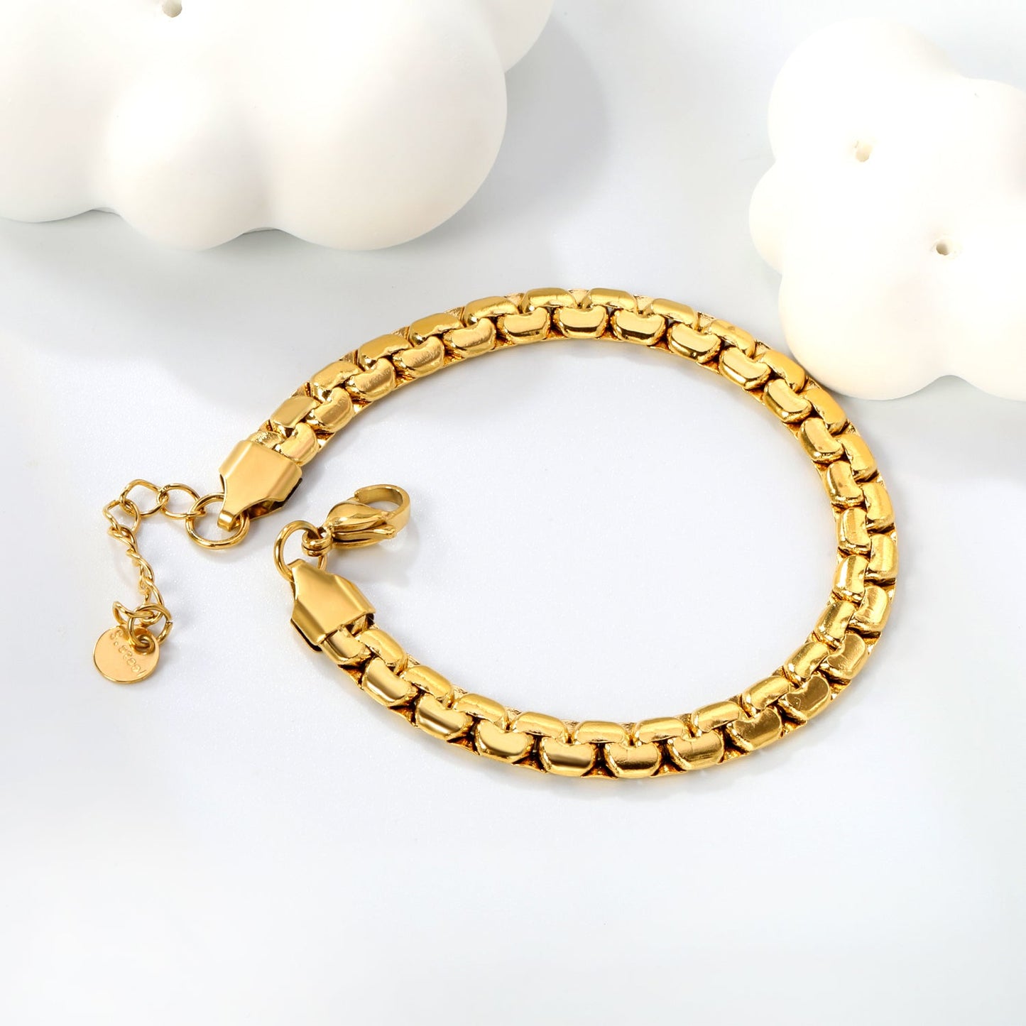 W 6mm*Thick 2.6mm Flattened Pearls Bracelet 18+3cm+6mm Round Tail Plate Steel / Gold asonjewelry
