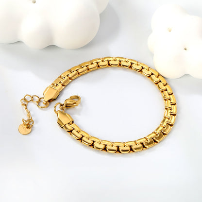 W 6mm*Thick 2.6mm Flattened Pearls Bracelet 18+3cm+6mm Round Tail Plate Steel / Gold asonjewelry