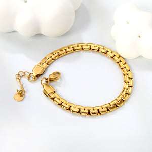 W 6mm*Thick 2.6mm Flattened Pearls Bracelet 18+3cm+6mm Round Tail Plate Steel / Gold