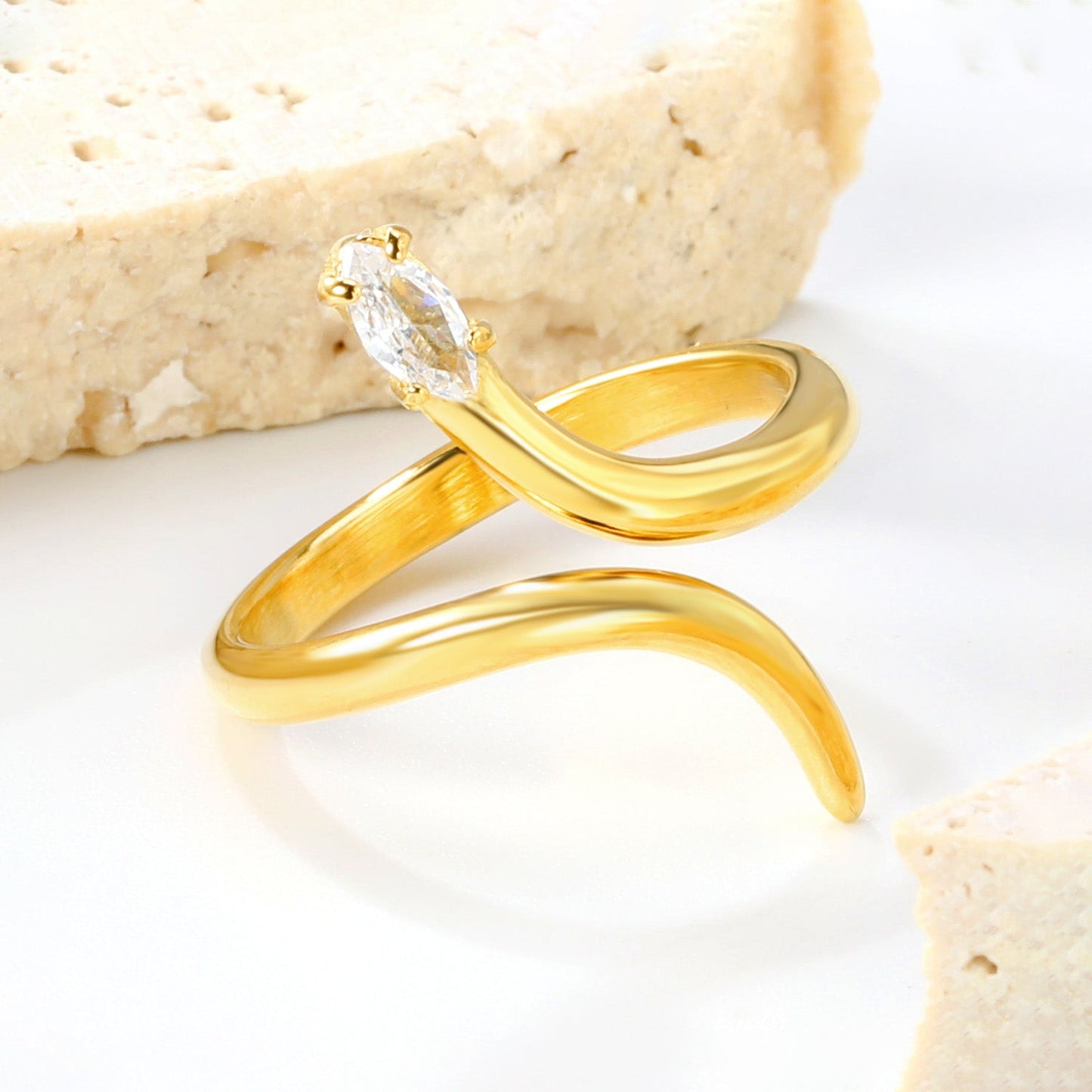 18K Gold - Plated Snake - Shaped Ring with Emerald and Diamond Accents asonjewelry