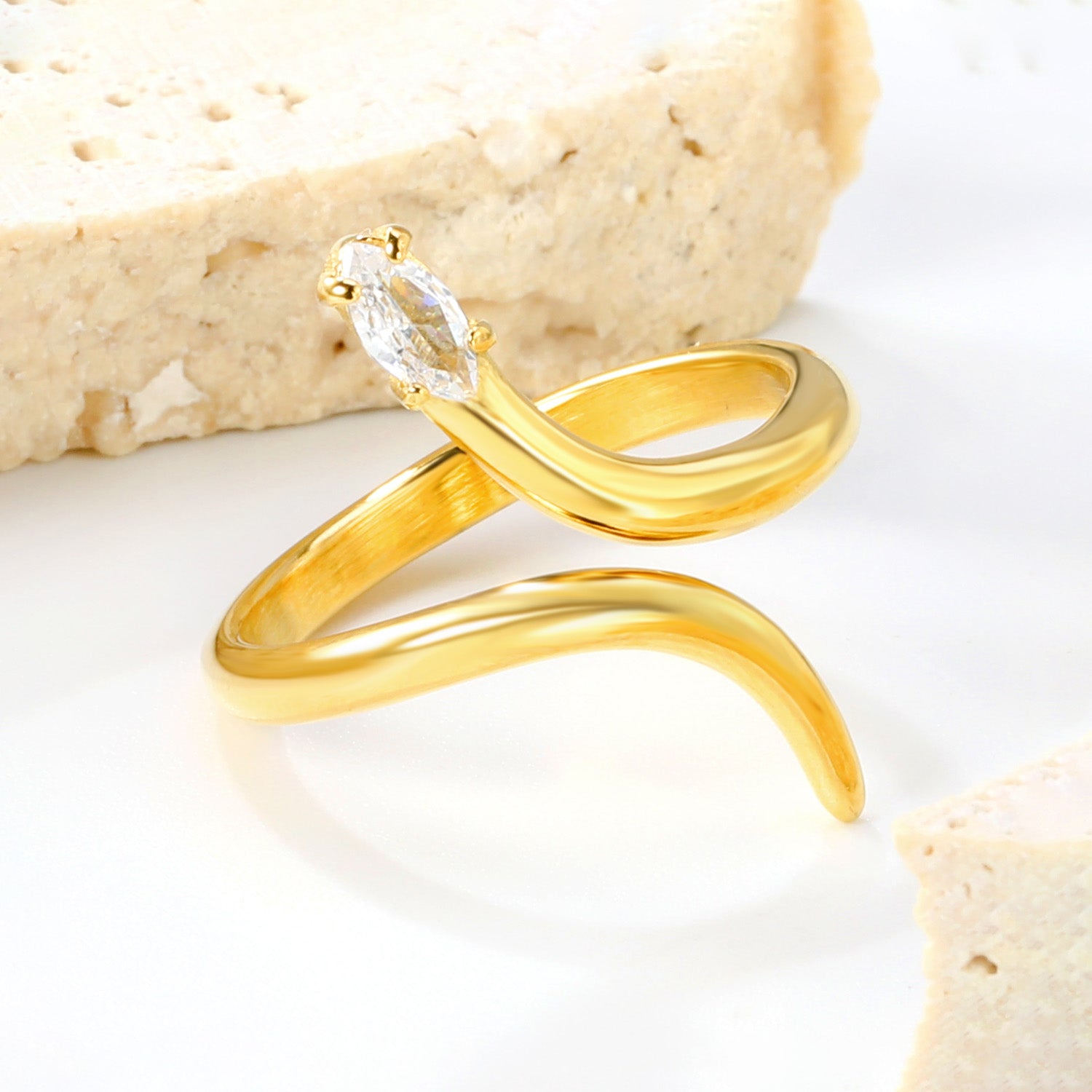 18K Gold - Plated Snake - Shaped Ring with Emerald and Diamond Accents asonjewelry