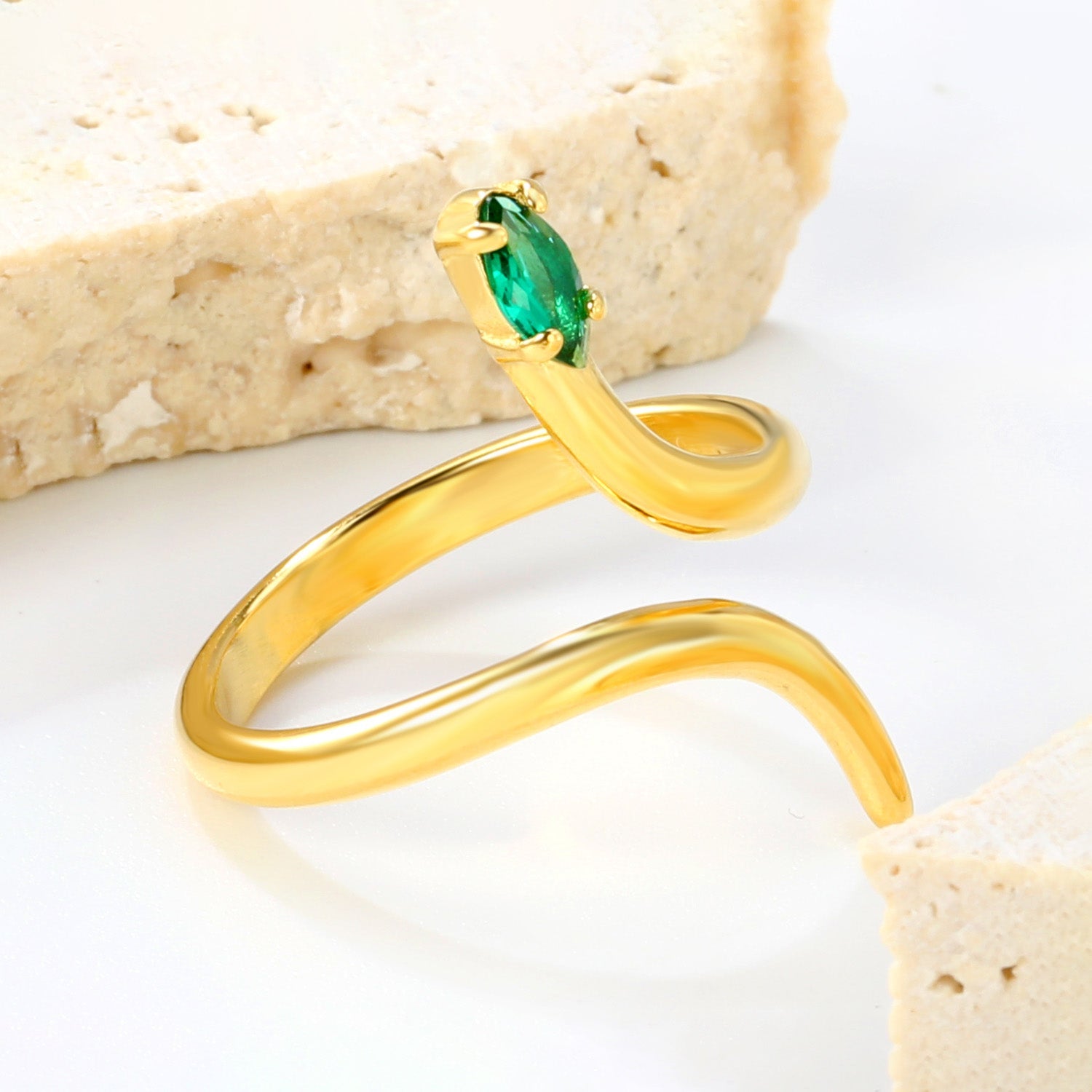 18K Gold - Plated Snake - Shaped Ring with Emerald and Diamond Accents asonjewelry
