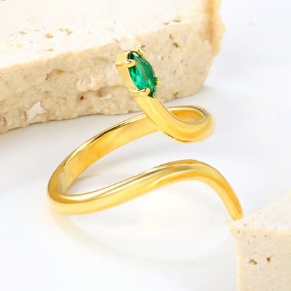18K Gold - Plated Snake - Shaped Ring with Emerald and Diamond Accents asonjewelry