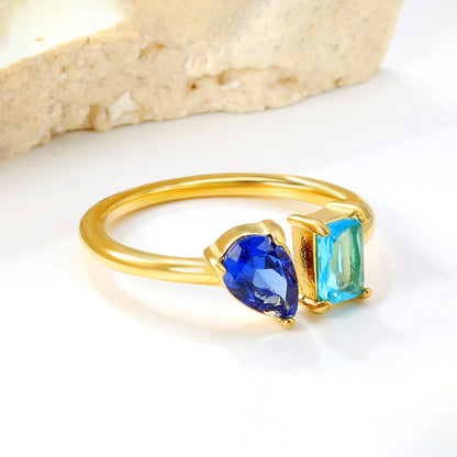 18K Gold - Plated Double Ring with Multi - Color Gemstones asonjewelry