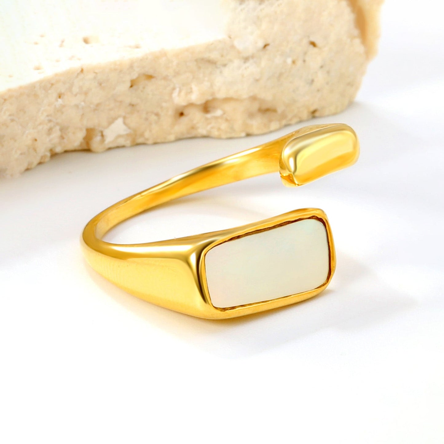Stylish golden open - ring with rectangular mother - of - pearl inlay, simple and elegant, exuding elegant charm! asonjewelry