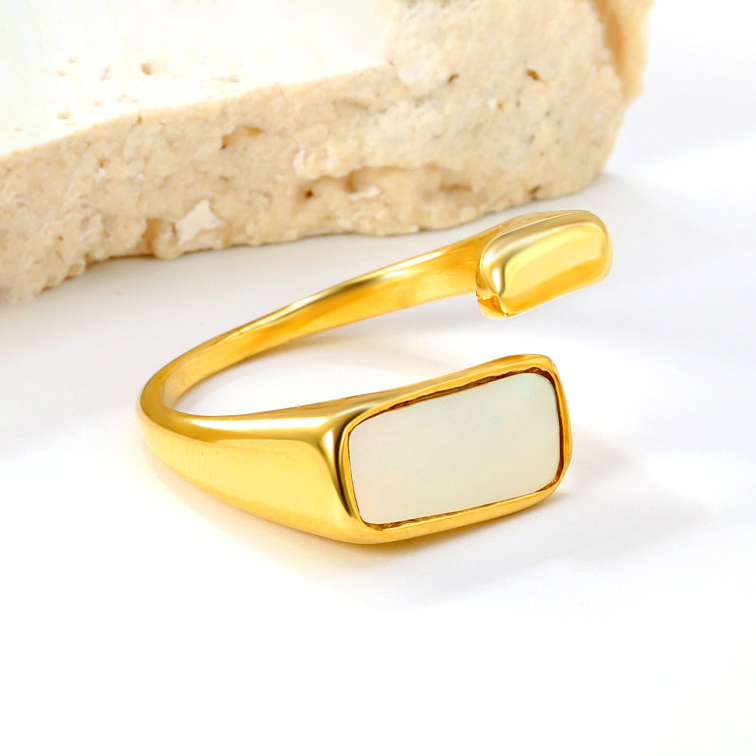Stylish golden open - ring with rectangular mother - of - pearl inlay, simple and elegant, exuding elegant charm! asonjewelry