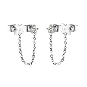 5mm flower + 0.4 cross chain 4cm + 7.8mm cutting flower imitation Czech diamond double ear stud, steel color / gold