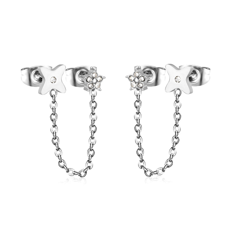 5mm flower + 0.4 cross chain 4cm + 7.8mm cutting flower imitation Czech diamond double ear stud, steel color / gold