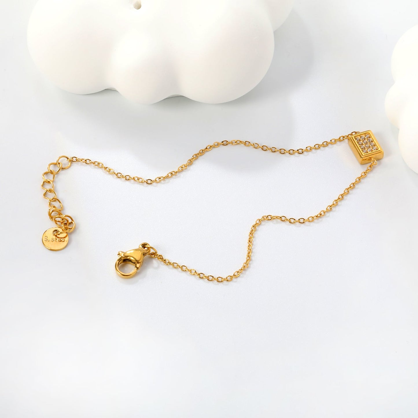 8mm Convex Square CNC White Zirconium 0.3 Cross Bracelet 18+3cm+6mm Round Tail Plaque Gold Color asonjewelry