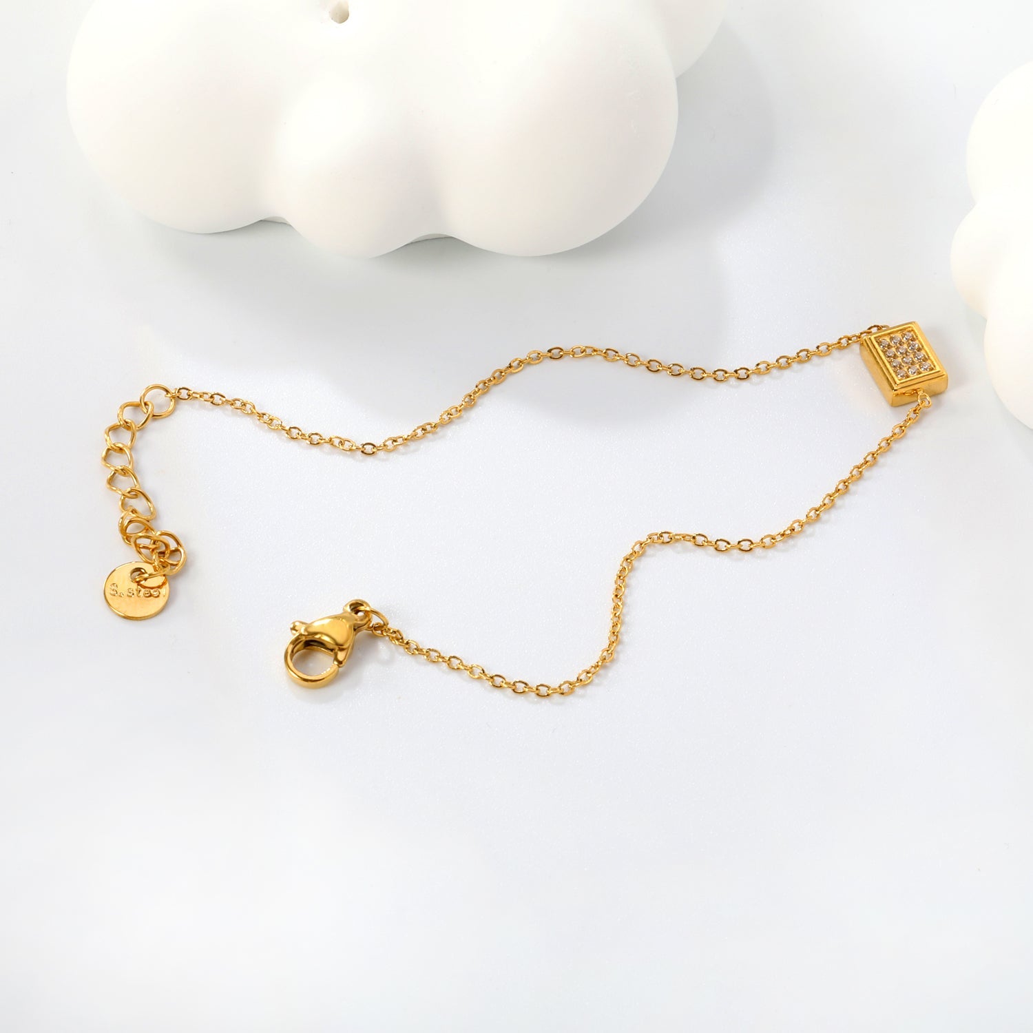 8mm Convex Square CNC White Zirconium 0.3 Cross Bracelet 18+3cm+6mm Round Tail Plaque Gold Color asonjewelry