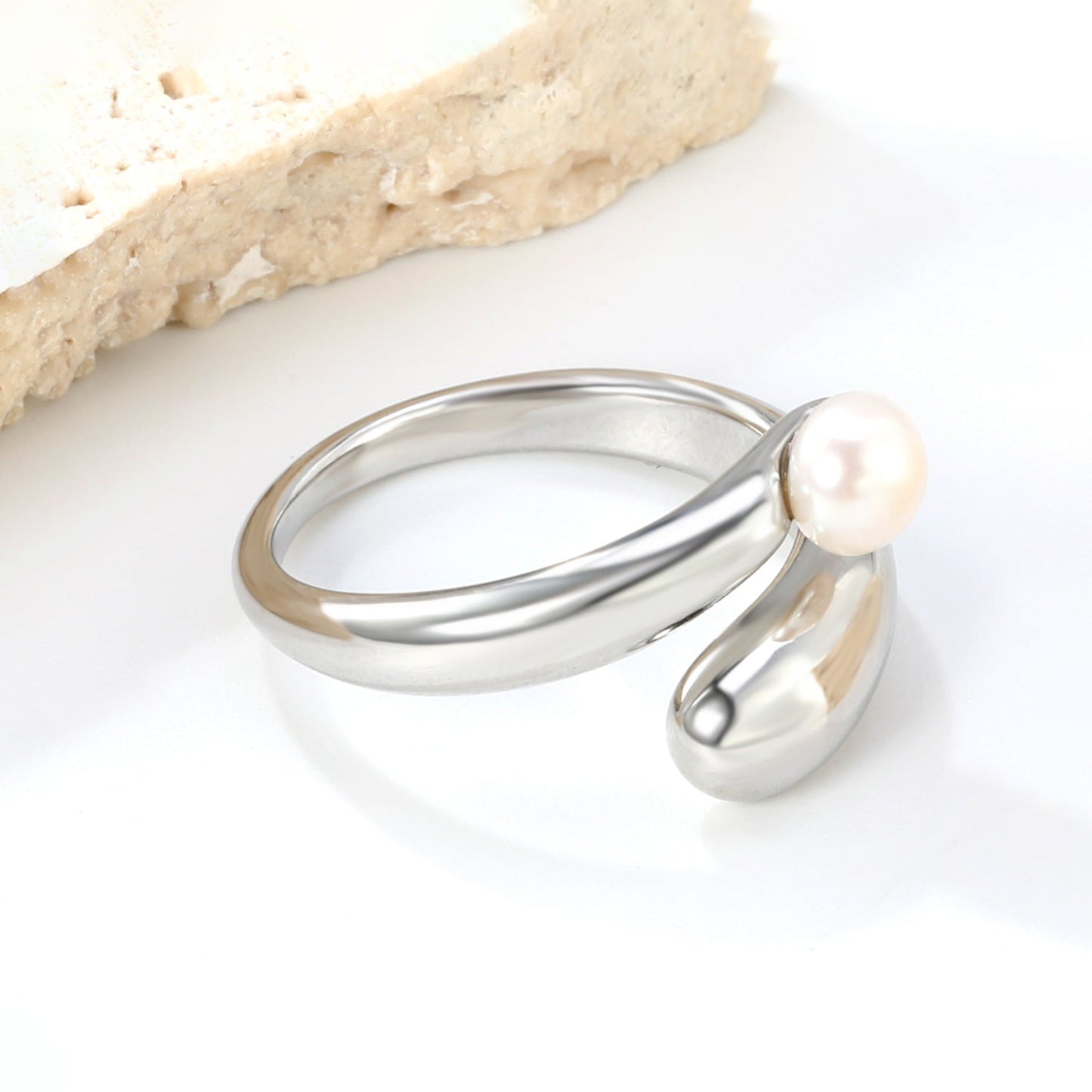 18K Gold - Plated Ring with Curved Band and Single Pearl asonjewelry