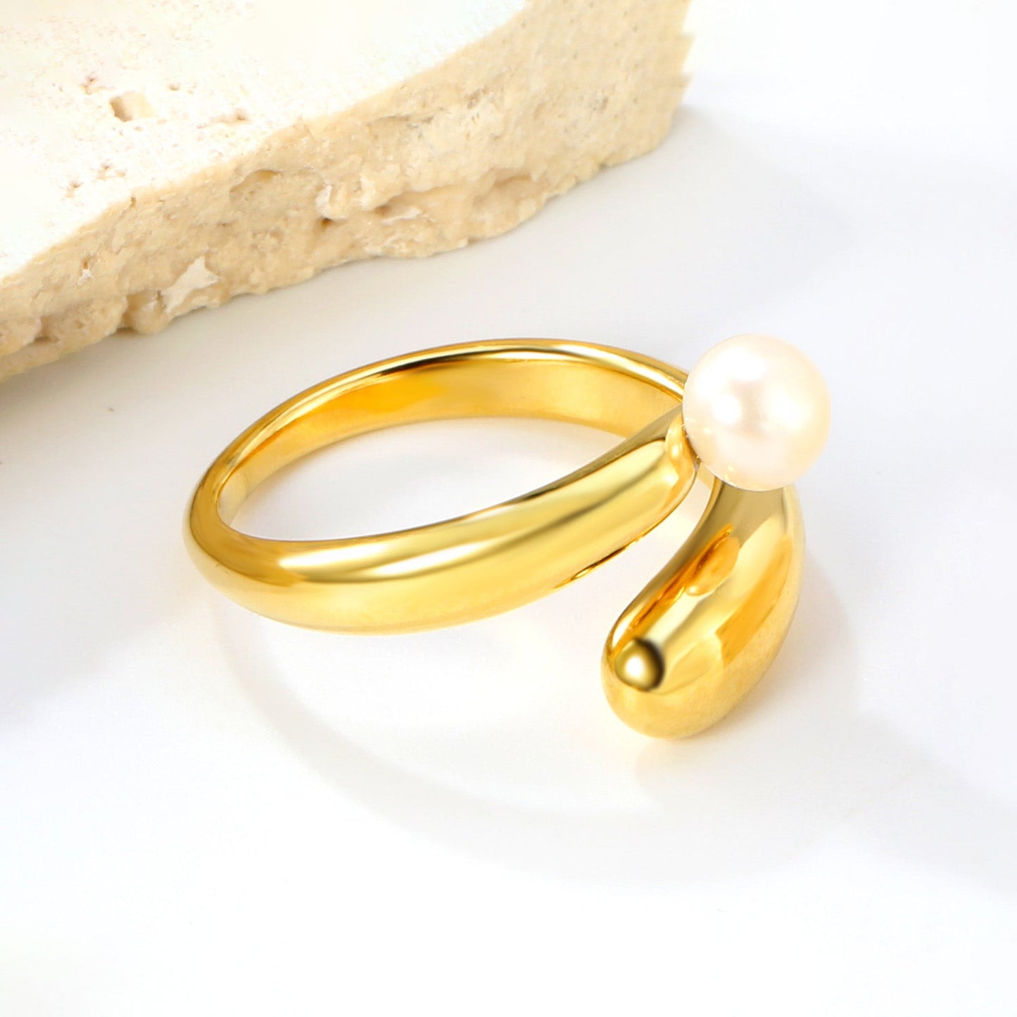 18K Gold - Plated Ring with Curved Band and Single Pearl asonjewelry
