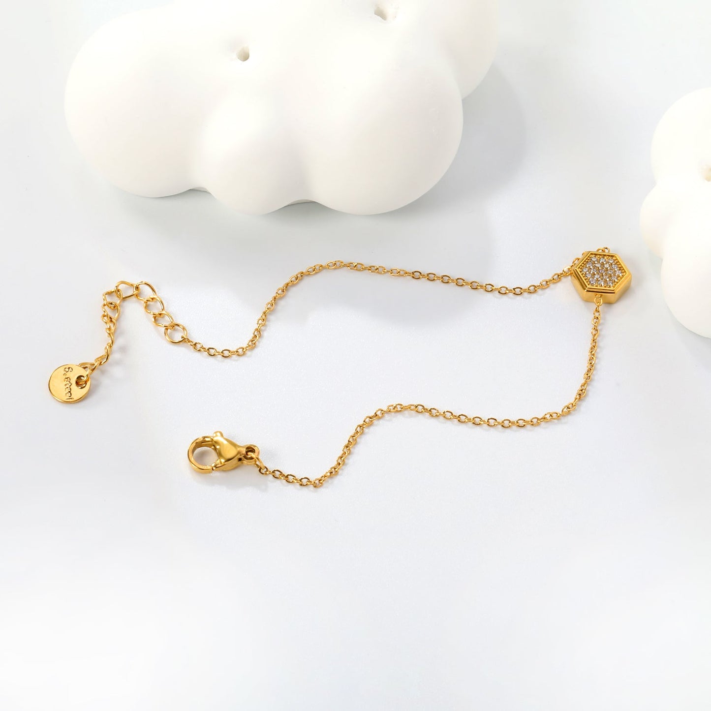 7.8 x 8.6mm raised edge hexagonal CNC white zirconium 0.3 cross chain bracelet 18+3cm+6mm round pendant Steel color/Gold color asonjewelry