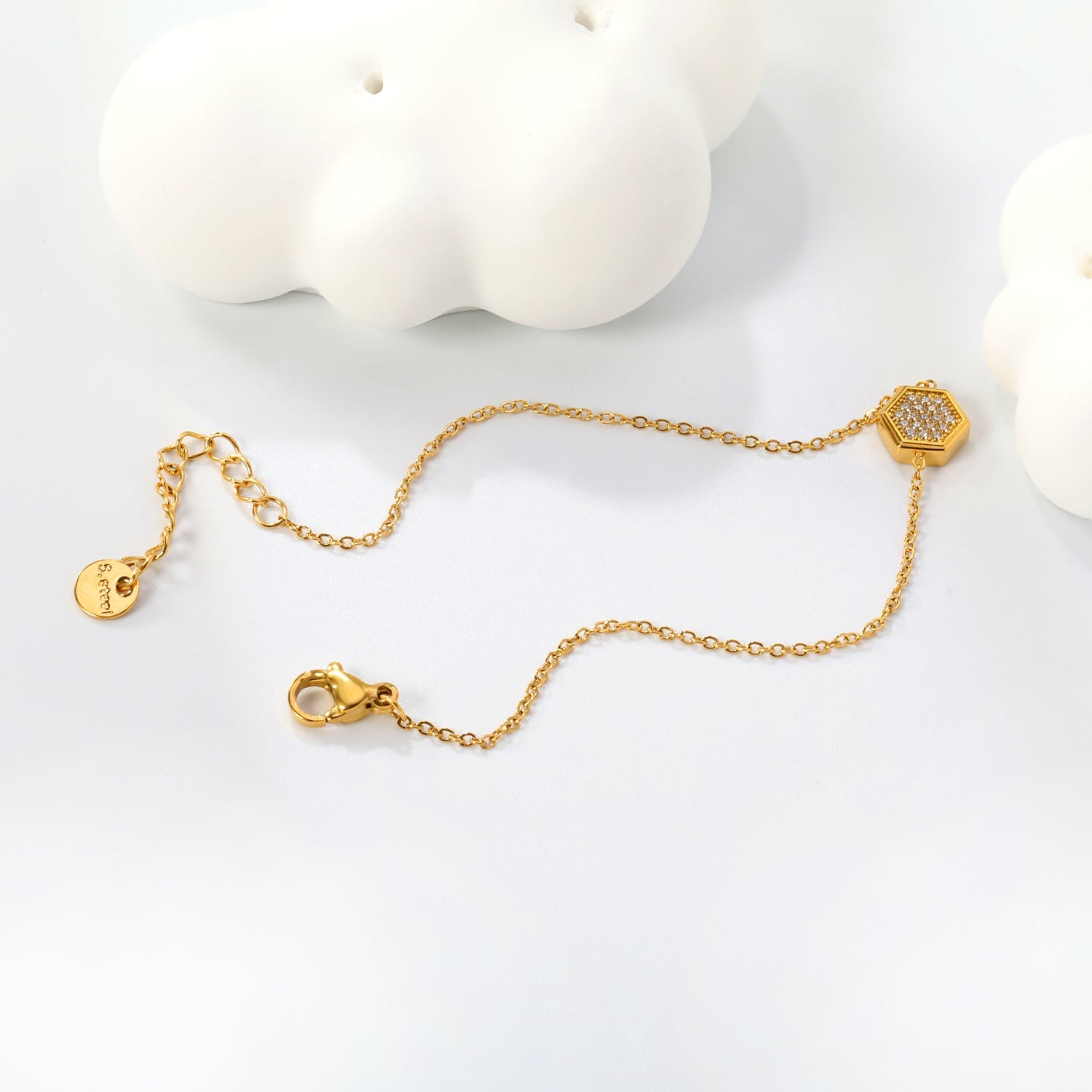 7.8*8.6mm Convex Hexagonal CNC White Zirconium 0.3 Cross Bracelet Bracelet 18+3cm+6mm Round Tail Plaque Gold Color asonjewelry