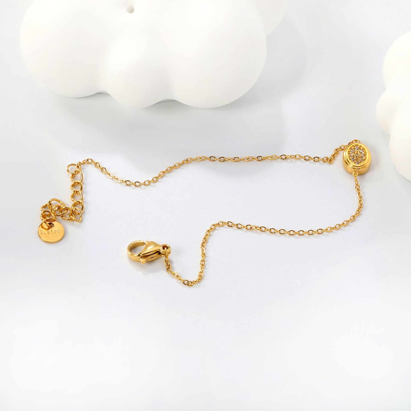 8.6*6.8mm Convex Oval CNC White Zirconium 0.3 Cross Bracelet 18+3cm+6mm Round End Plaque Golden asonjewelry