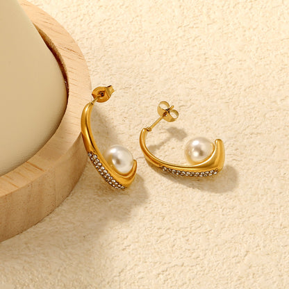 5x26mm C-shaped white diamond + 9mm pearl ear studs, gold asonjewelry