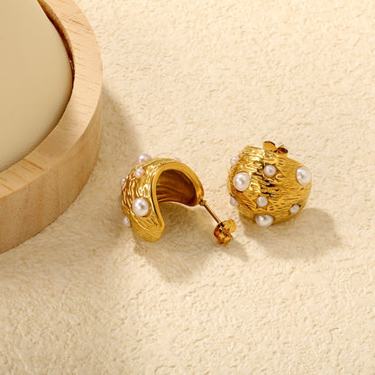 17x20mm half-circle tree bark with white pearl ear studs, gold asonjewelry