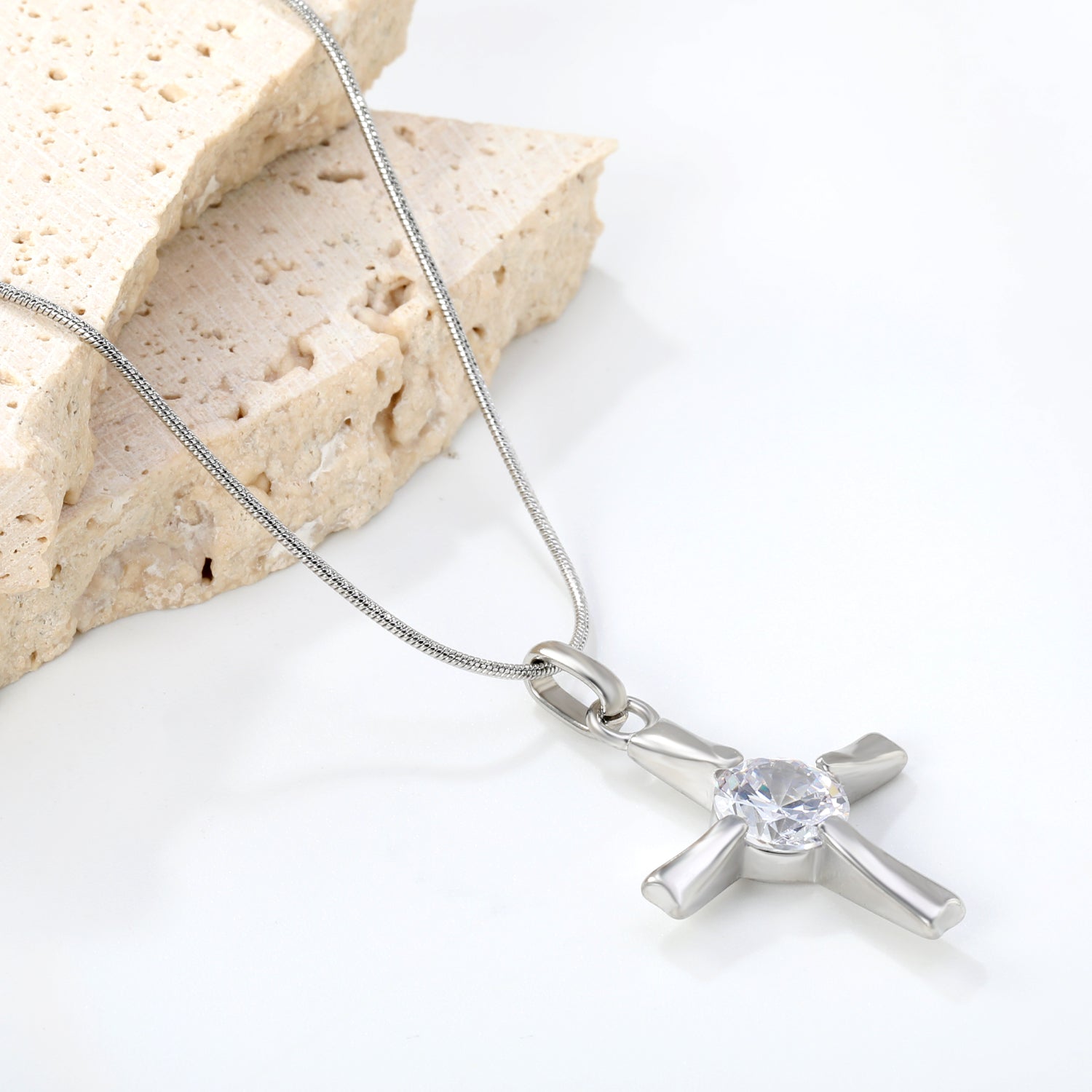 20.8*27.5mm Cross + White Zirconia 0.9 Round Snake 40+5cm Necklace Steel Color asonjewelry