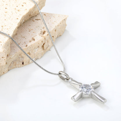 20.8*27.5mm Cross + White Zirconia 0.9 Round Snake 40+5cm Necklace Steel Color asonjewelry