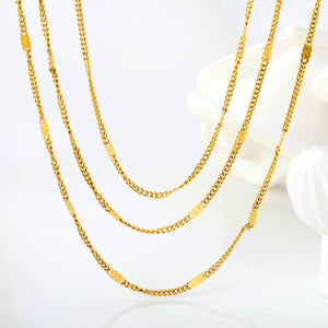 Sweater Chain, 1.5cm wide x 0.4mm wire, side-pressed polished chain, 50+60+70cm + 5cm + 6mm round tag, necklace, steel color/gold color