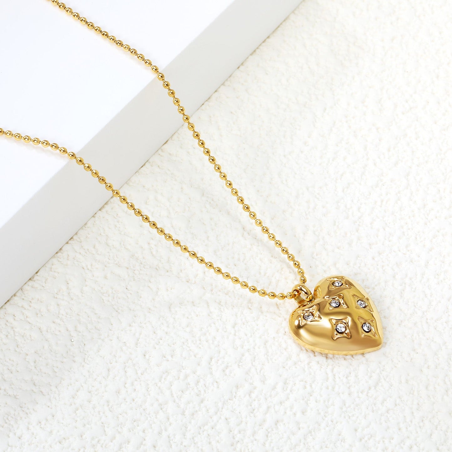 15*16.8mm heart with 6 white diamonds pendant+1.2mm bobble chain necklace 45+5cm asonjewelry