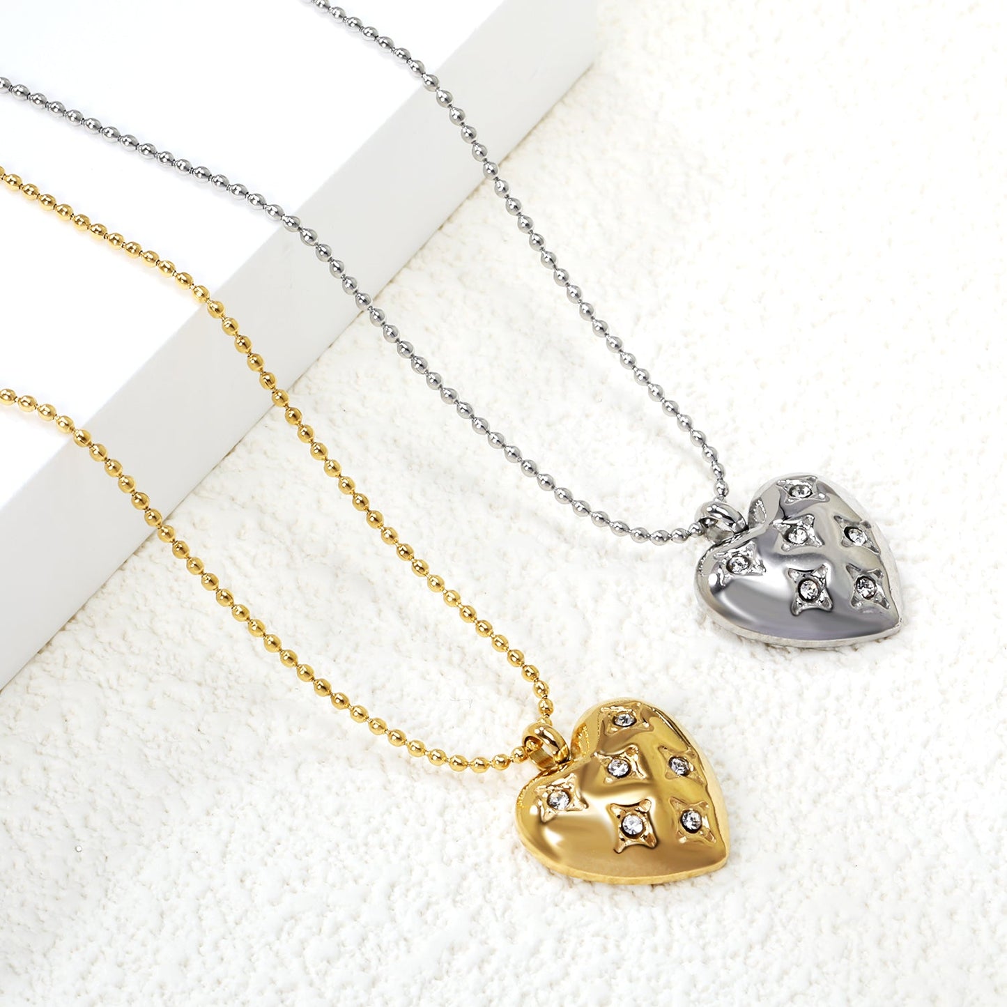 15*16.8mm heart with 6 white diamonds pendant+1.2mm bobble chain necklace 45+5cm asonjewelry