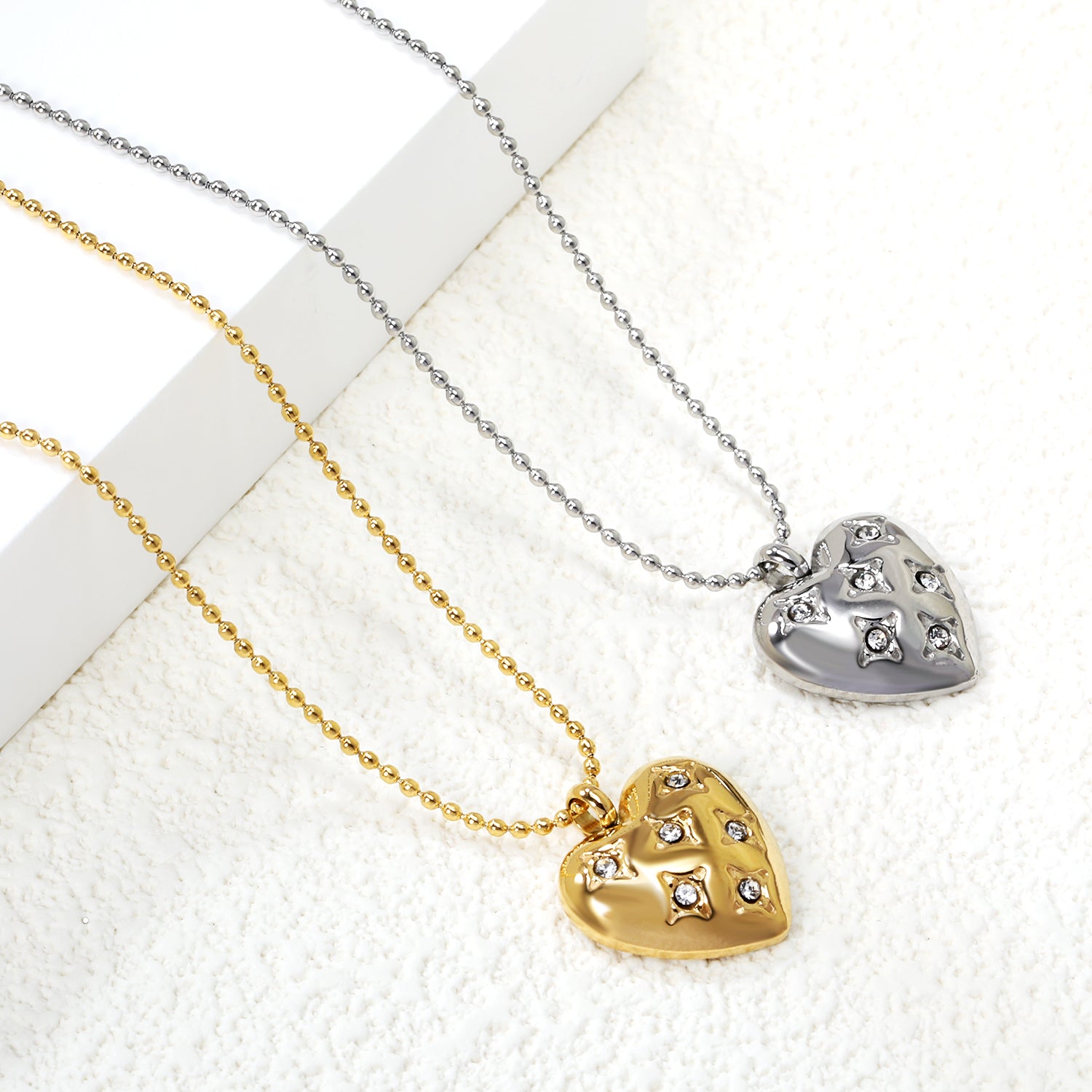 15*16.8mm heart with 6 white diamonds pendant+1.2mm bobble chain necklace 45+5cm asonjewelry