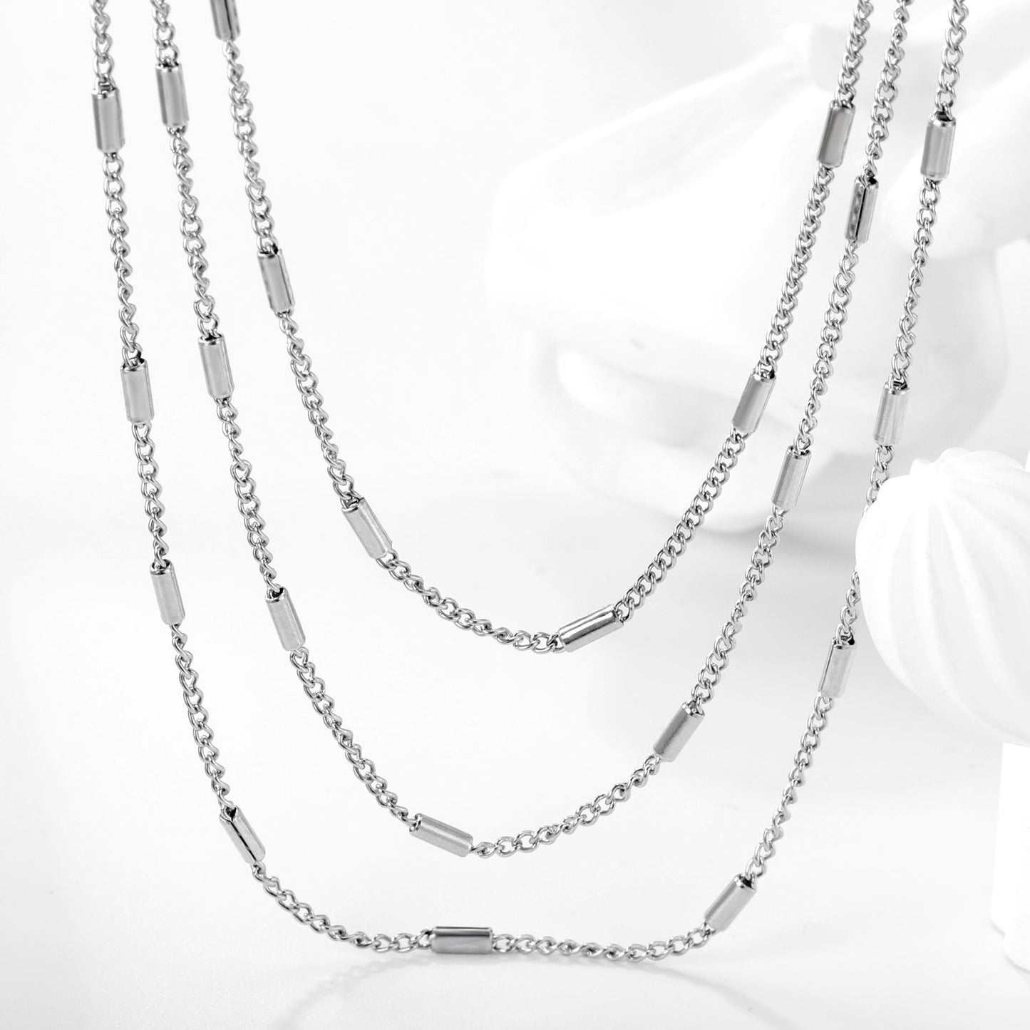 Sweater Chain W1.4*Wire0.4mm Side Wrap Tube Chain 50+60+70cm+5cm+6mm Round Tail Plaque Necklace Steel/Golden asonjewelry