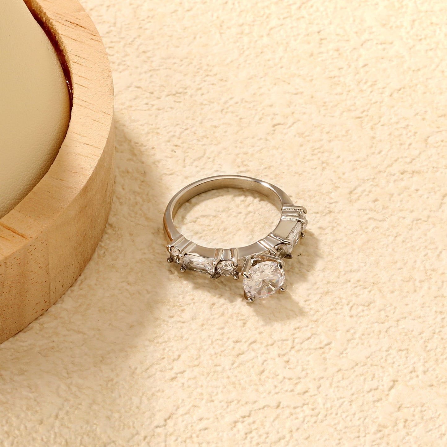 Stainless Steel Ring with Round Diamond & Emerald - Cut Side Accents asonjewelry