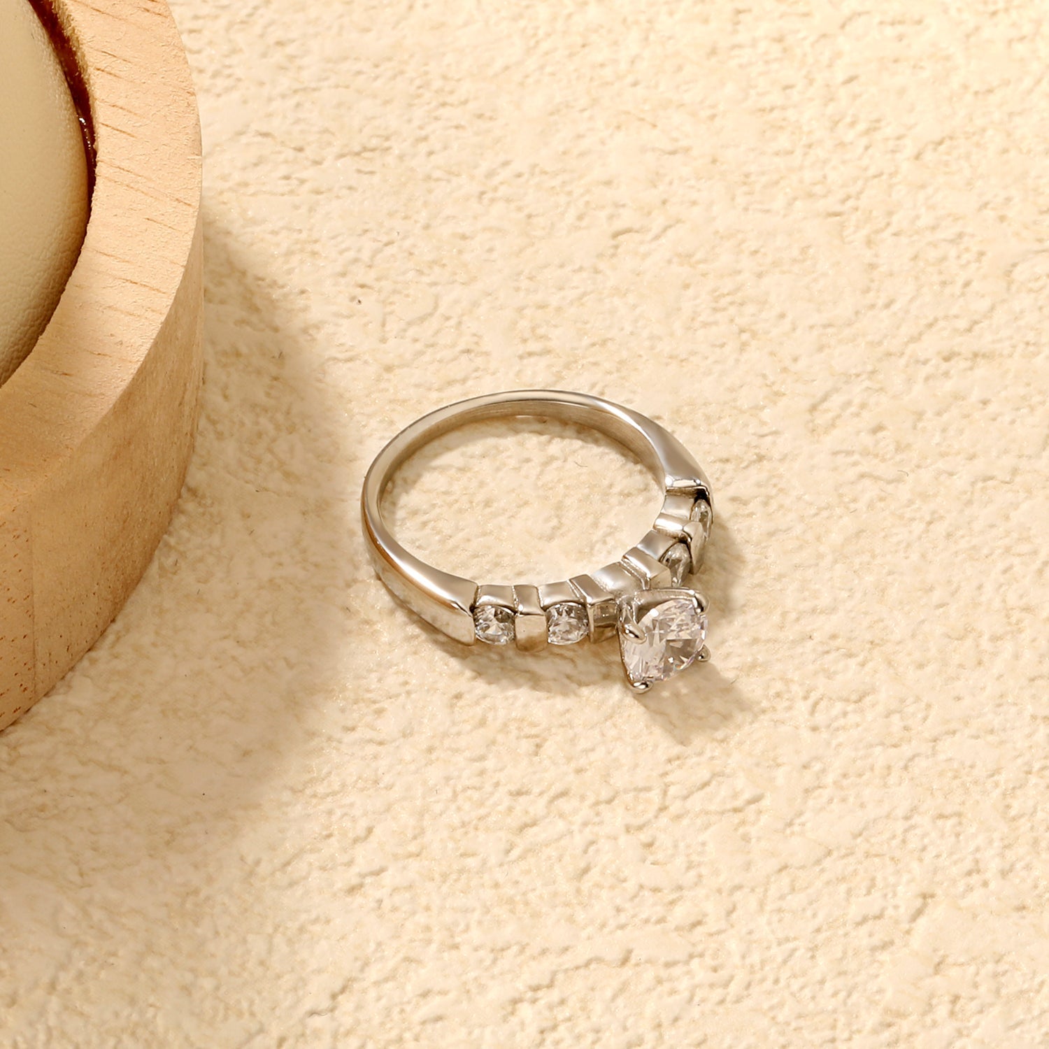 Stainless Steel Ring with Round Diamond & Teardrop Side Stones asonjewelry