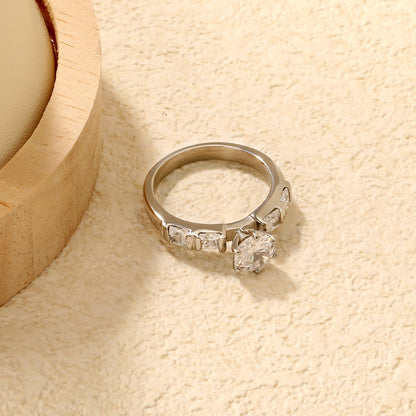 Stainless Steel Ring with Round Diamond & Trapezoid Side Accents asonjewelry