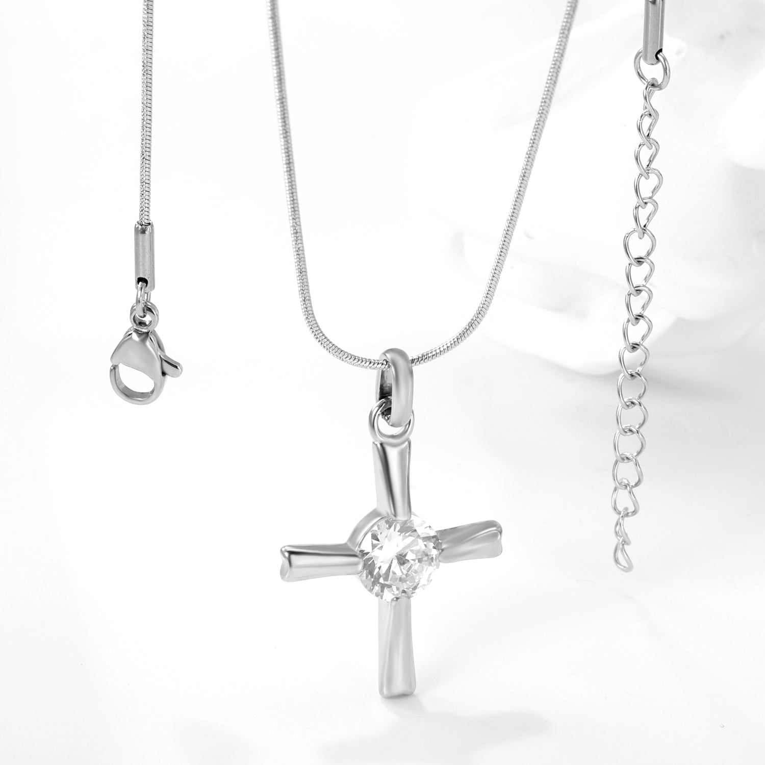 20.8*27.5mm Cross + White Zirconia 0.9 Round Snake 40+5cm Necklace Steel Color asonjewelry