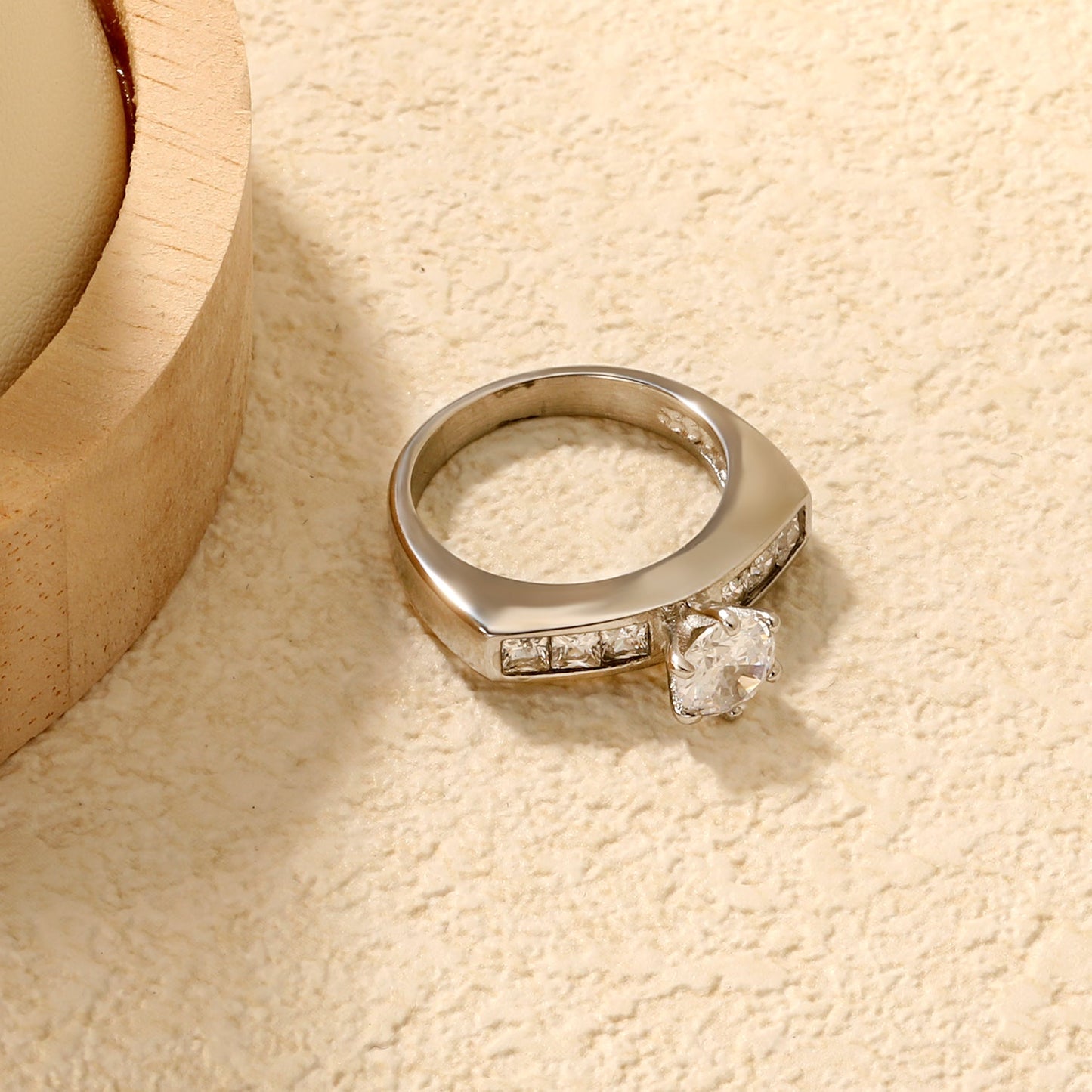 Stainless Steel Ring with Round Diamond & Square Side Stones asonjewelry