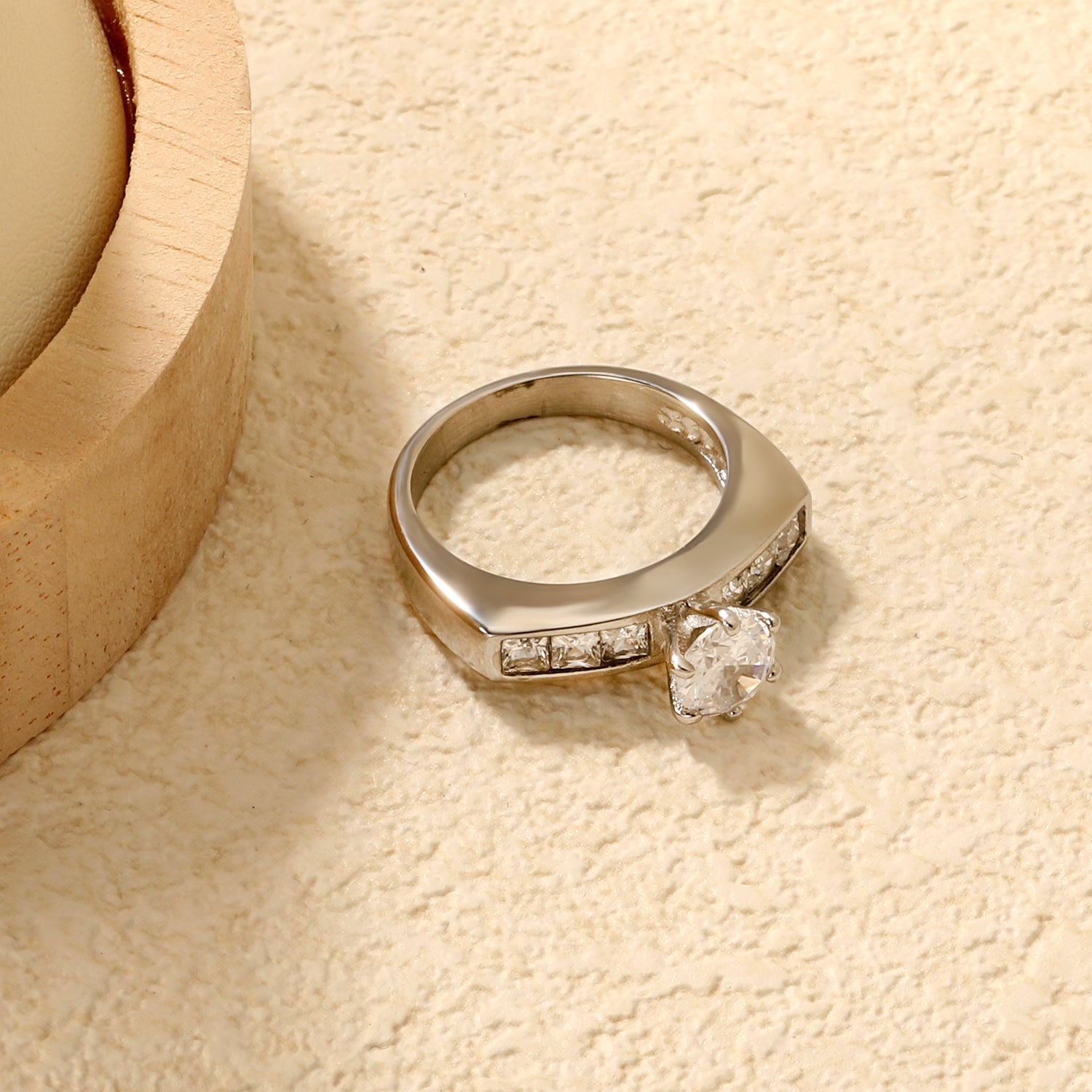 Stainless Steel Ring with Round Diamond & Square Side Stones asonjewelry