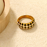 Gold Checkerboard Ring with Black & White Geometric Inlays
