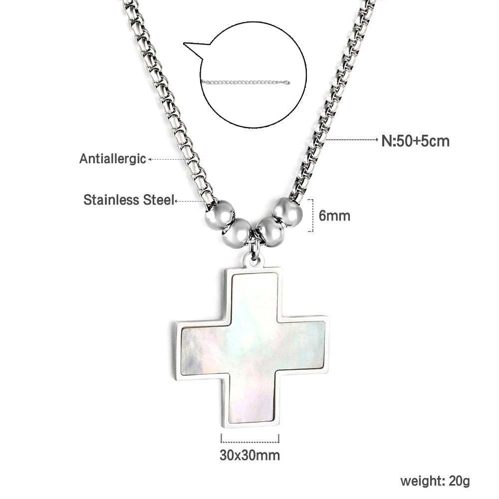 2024 New Year Cross with White Shell + 4 Steel Beads Pendant Necklace 50+5cm asonjewelry